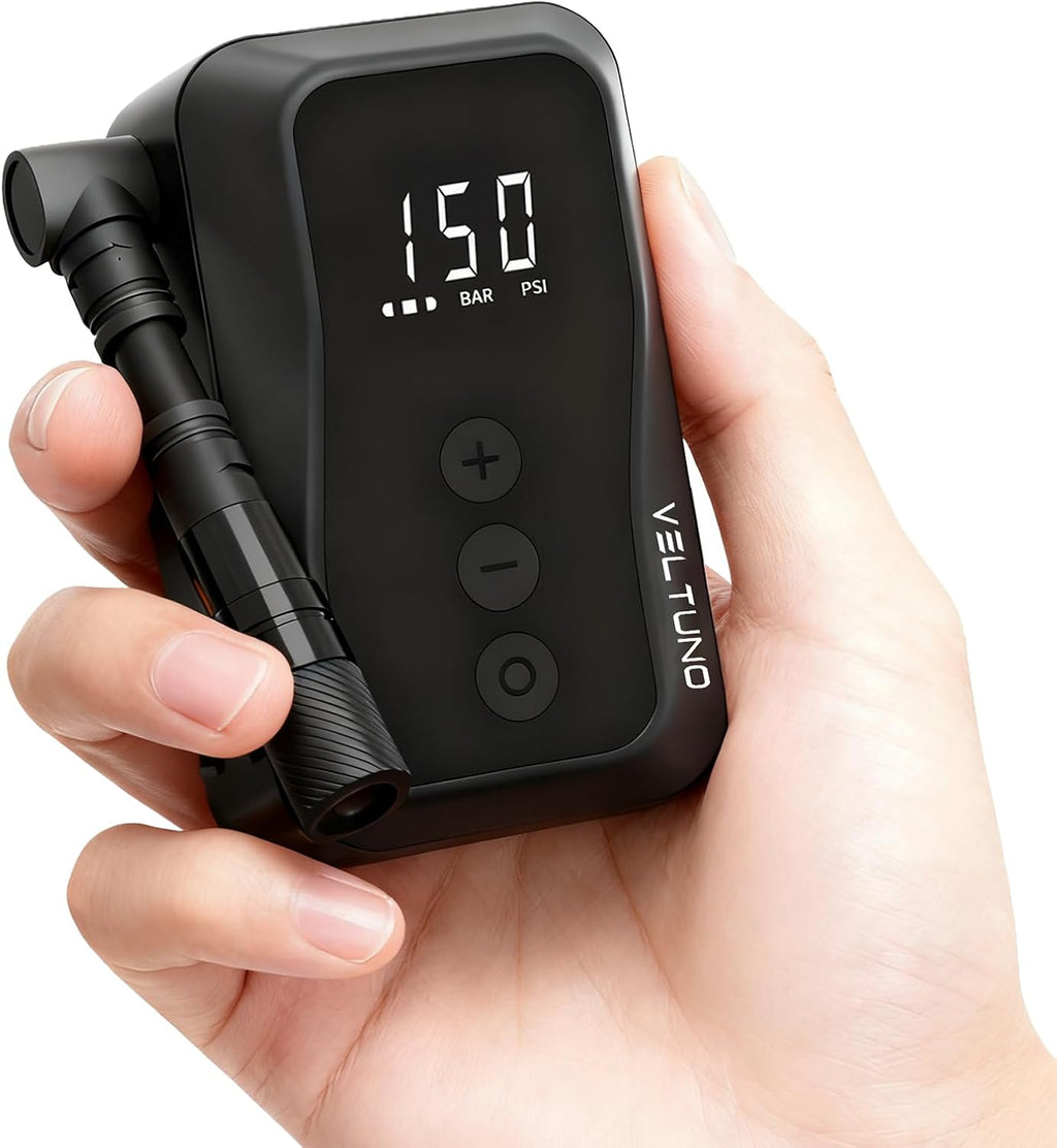 Mini Electric Bike Pump, Max 150 PSI Fast Inflation with Digital Pressure Gauge, Smart Auto Stop, USB-C Rechargeable, Presta & Schrader Valve for Road Bike, MTB, E-Bike, Motorcycle, Balls
