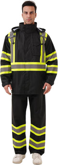 Hi Vis Safety rain Jacket，Reflective Class 3 Rain coat with Inner Mesh Lining and Pockets High Visibility Waterproof work Rain Suits for men&women（Black,LG/XL）