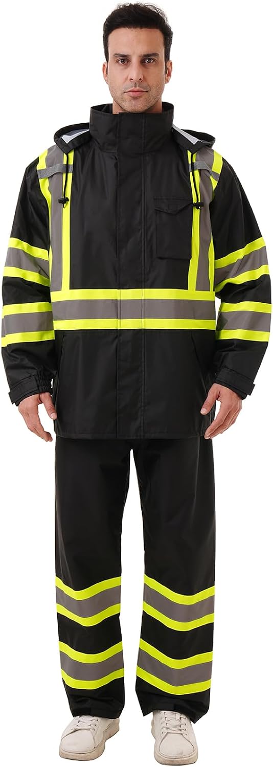 Hi Vis Safety rain Jacket，Reflective Class 3 Rain coat with Inner Mesh Lining and Pockets High Visibility Waterproof work Rain Suits for men&women（Black,LG/XL）