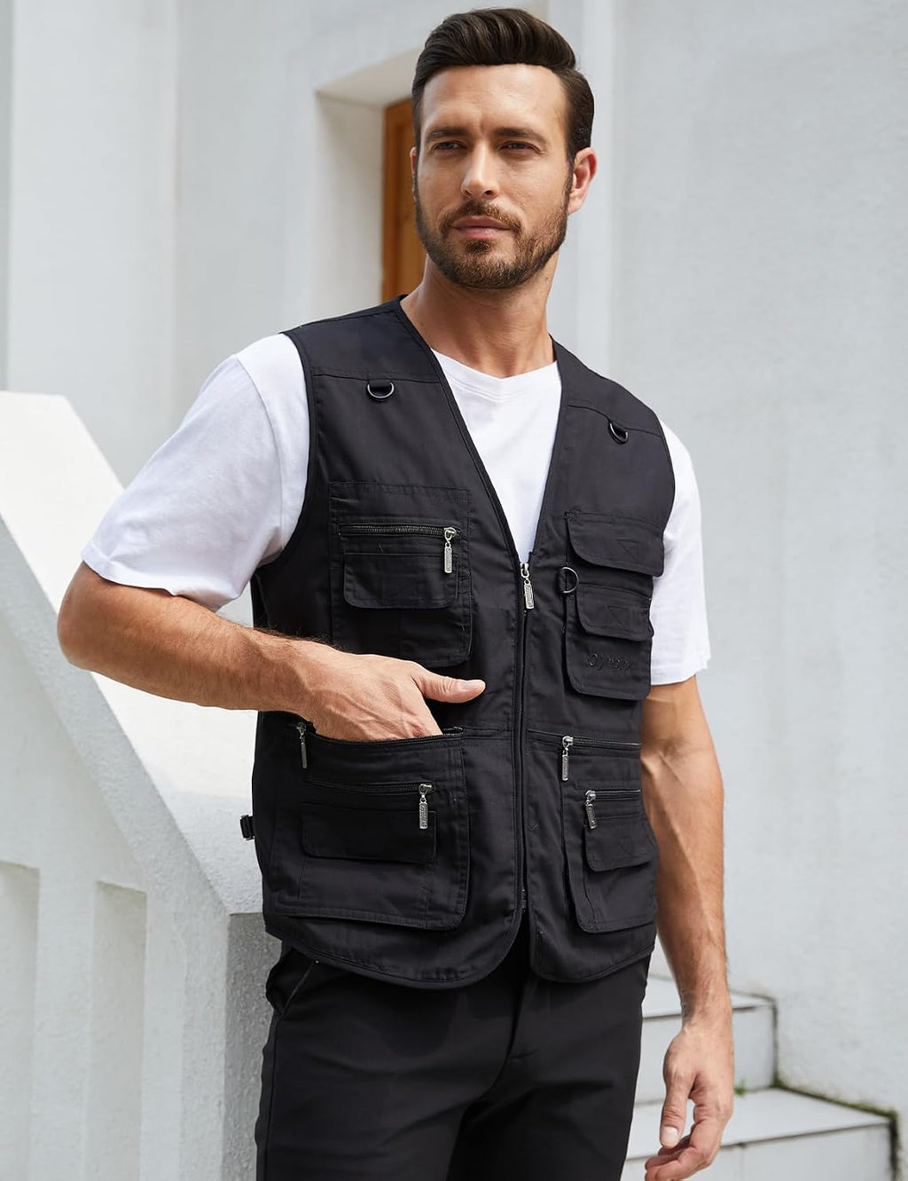 Gihuo Men's Fishing Vest Utility Safari Travel Vest with Pockets Outdoor Work Photo Cargo Fly Summer Vest