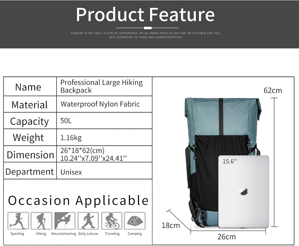 Hiking Backpack,40L to 50L Extra Large Capacity Hiking Bag,Internal Frame Camping Backpack,Upgraded X-PAC Lightweight Sport Daypack Travel Backpack Fit For Mountain Climbing Camping(Grey Green)