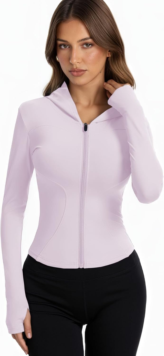 Women Bbl Jackets with Hood Compression Workout Tops Lined or Unlined Lightweight Yoga Gym Jacket with Thumb Hole