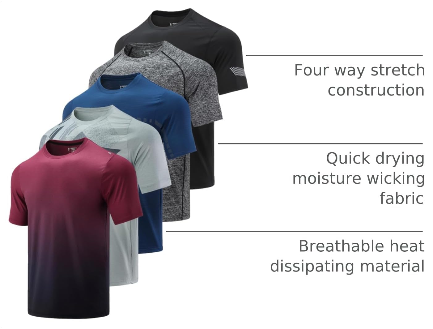 5 Pack Men’s Active Quick Dry Crew Neck T Shirts | Athletic Running Gym Workout Short Sleeve Tee Tops Bulk