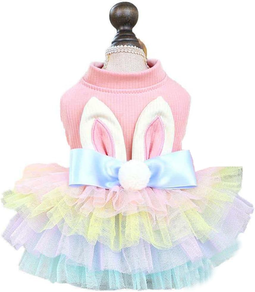 Pink Bunny Ears Dog Dress Spring Girl Puppy Clothes for Small Dog Easter Cat Dress for Cat Funny Tutu Dress Holiday Pet Outfit (Colorful, Medium)
