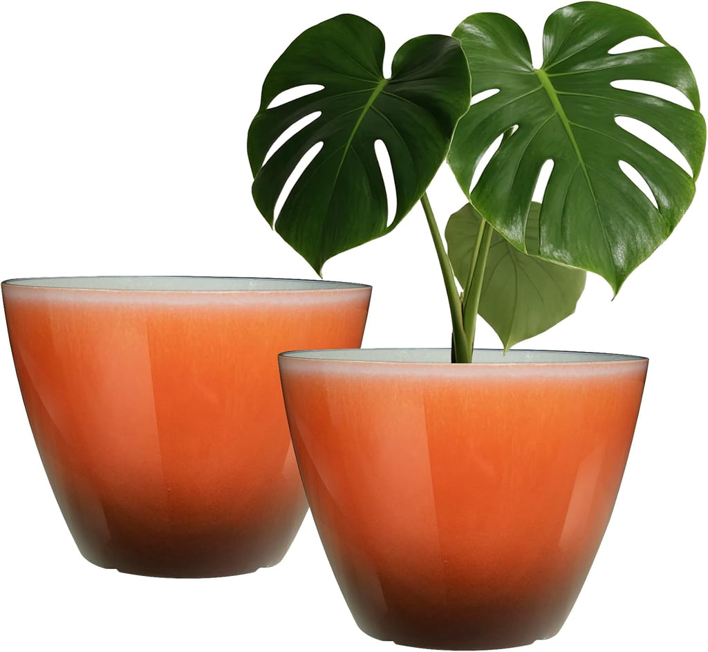 Vanslogreenk 8 inch Plant Pots Indoor Modern Glaze Planters with Drainage Holes, Garden Flower Pots Planter for Aloe, Herbs, Cactus (Orange, 2pcs)