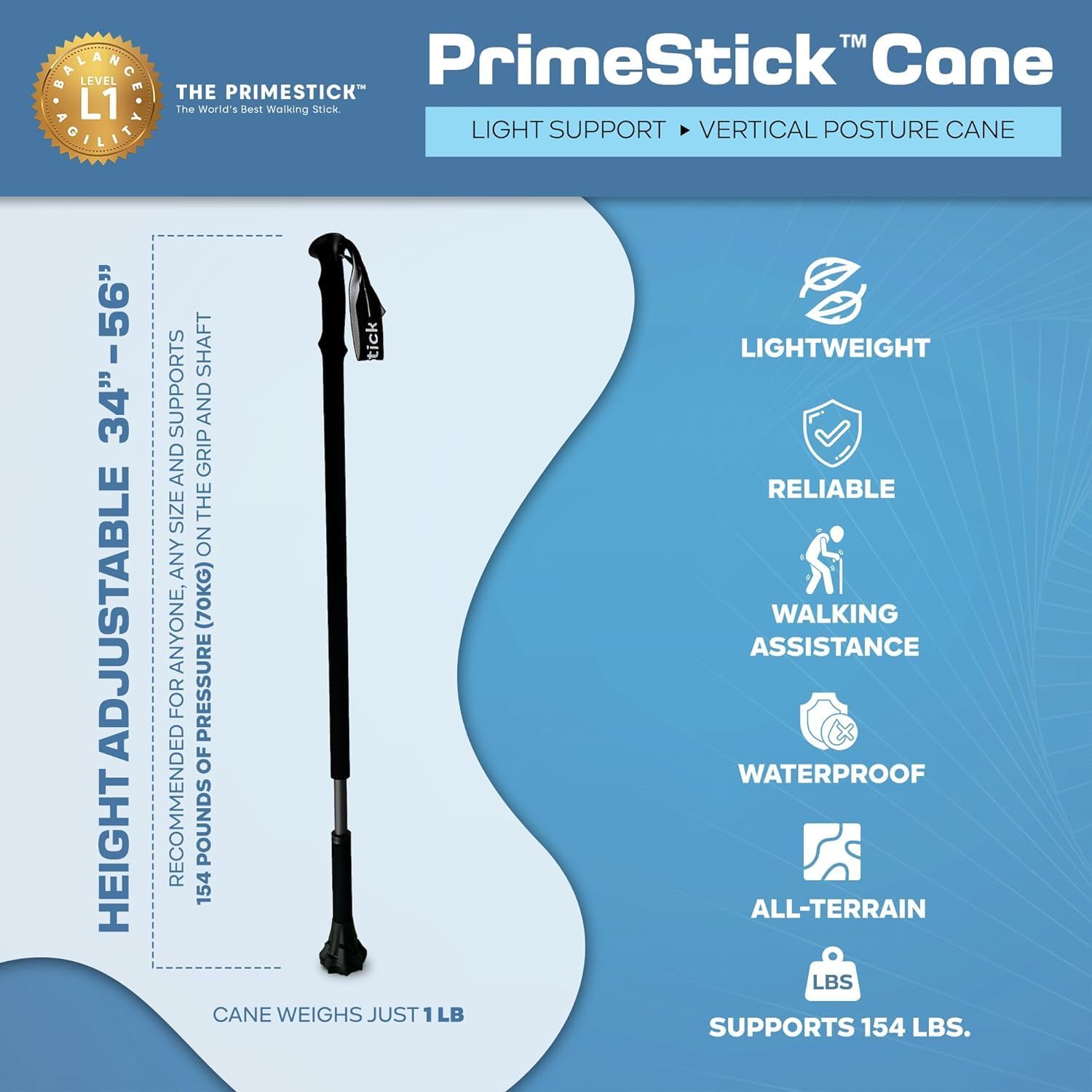Dynamo - Prime Stick - 3-in-1 Cane - Vertical Balance-Posture Cane, Walking Stick, Trekking Pole, A Durable Foam Grip, Hand Tether, Lightweight, Twist Adjustable, Hiking, Stability Stick - Purple