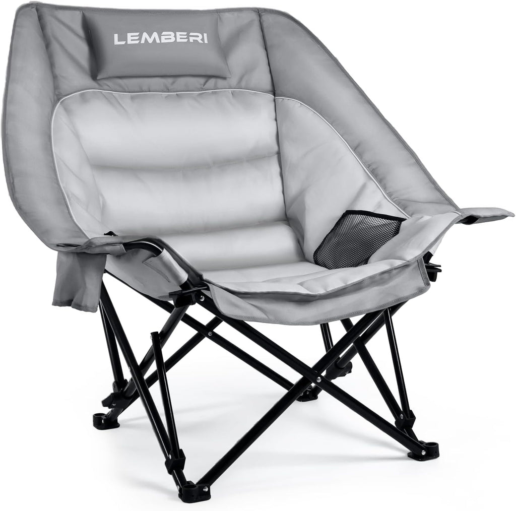 PRETZI Outdoor Oversized Camping Chair, Heavy Duty Support 500 LBS for Adults, Portable Folding Wide Lawn Chair with Headrest Support and Cup Holder, Low Camping Chair for Fishing, Garden, Grey