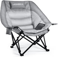 PRETZI Outdoor Oversized Camping Chair, Heavy Duty Support 500 LBS for Adults, Portable Folding Wide Lawn Chair with Headrest Support and Cup Holder, Low Camping Chair for Fishing, Garden, Grey