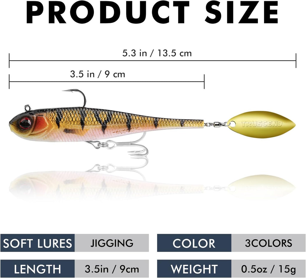 TRUSCEND Shadtale Easy Catch Soft Fishing Lures with BKK Hooks - Trembly Sinking and Vibrating Swim for More Bites, Pre-Rigged Swimbaits for Bass, Trout, Crappie, Walleye, Freshwater Saltwater Fishing