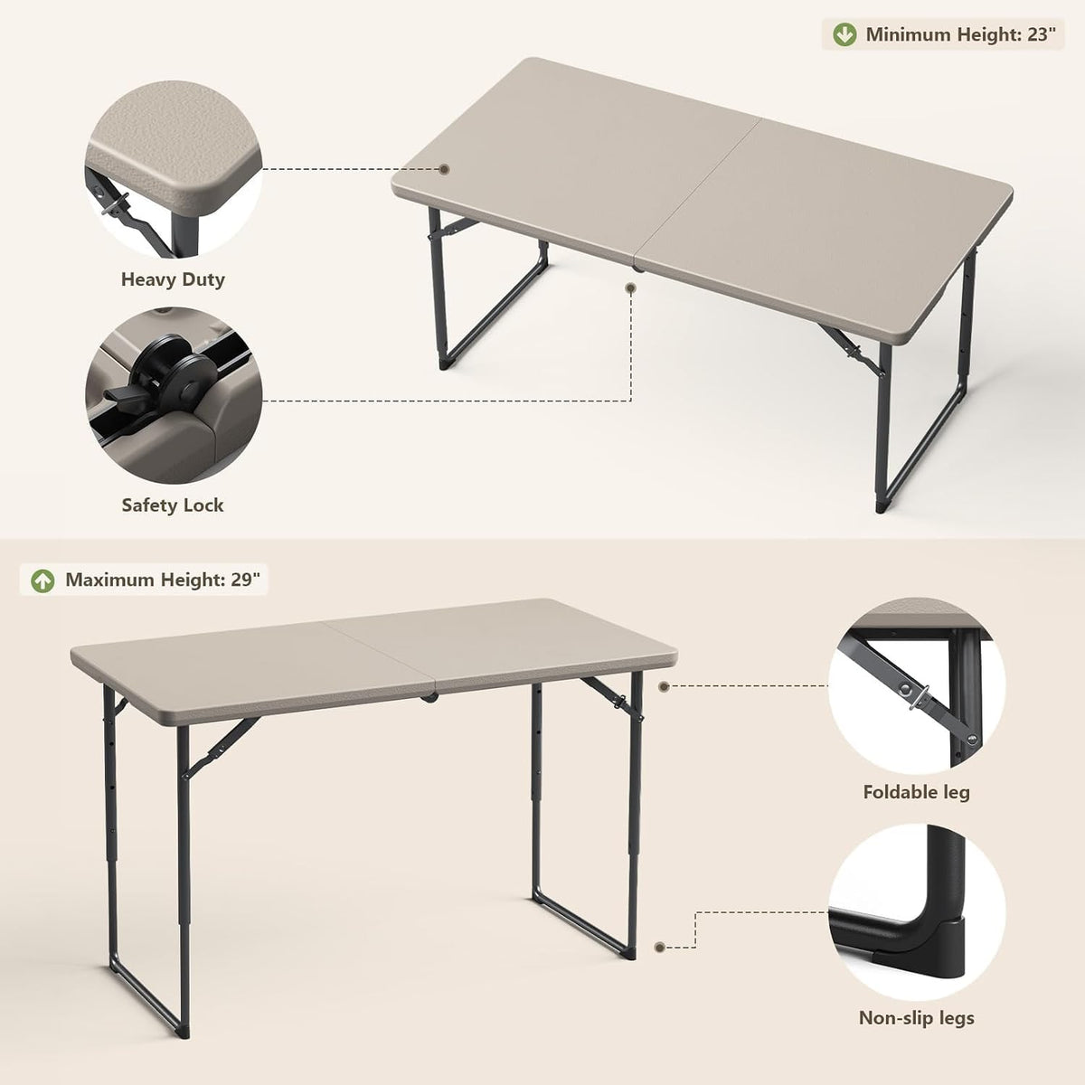 4FT Folding Table, Adjustable Height Fold-in-Half Table with Handle, Khaki
