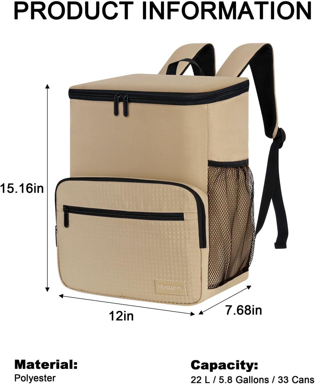 MIRASON Cooler Backpack Insulated Leak Proof Beach Backpack Cooler Bag, Cooling Beer Lunch Backpack Cooler for Men Women Picnic Hiking Camping Travel with 4 Pockets