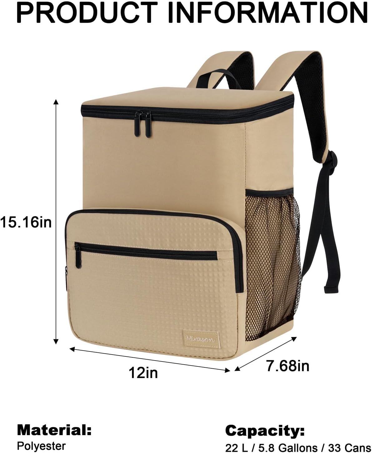 MIRASON Cooler Backpack Insulated Leak Proof Beach Backpack Cooler Bag, Cooling Beer Lunch Backpack Cooler for Men Women Picnic Hiking Camping Travel with 4 Pockets