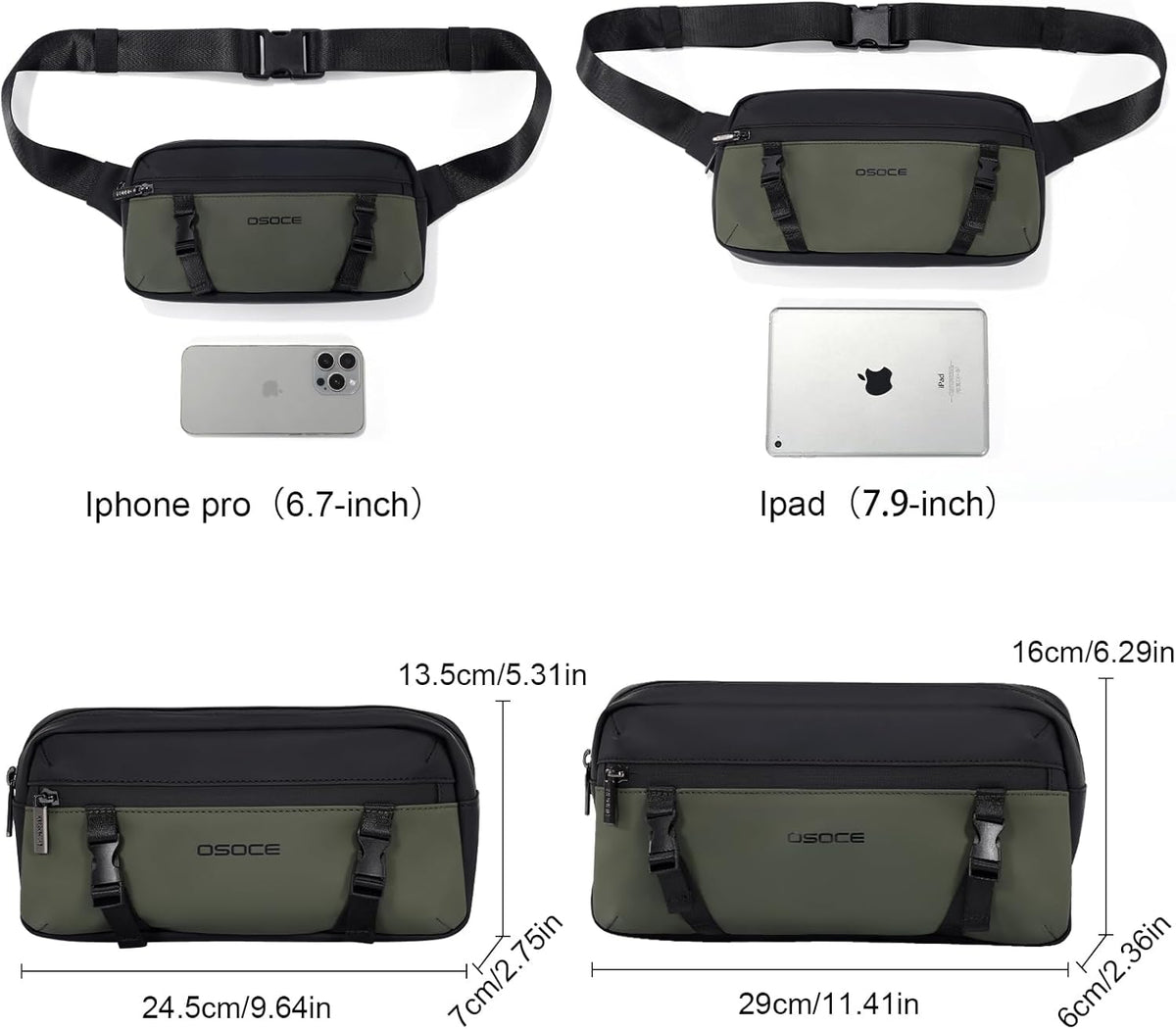 OSOCE Fanny Bag for Men, Waist Bag Water-Resistant, Side Release Buckle, L
