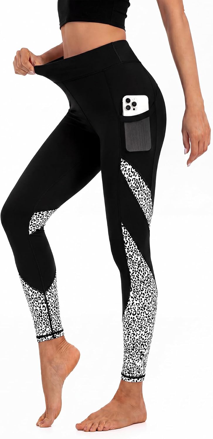 Women's High Waisted Yoga Leggings - Leopard Block Print Phone Pockets Tummy Control Workout Casual Pants