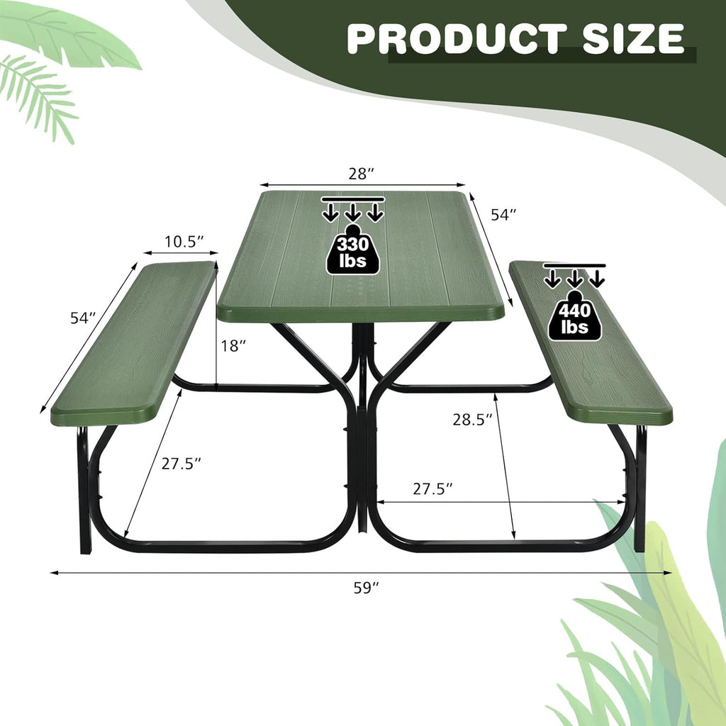Tangkula Picnic Table Bench Set, Outdoor Picnic Table with 2 Benches, Metal Camping Table with Plastic Wood-Like Texture Tabletop & Steel Frame, Ideal for Picnic, Party, Garden, Lawn (Green)