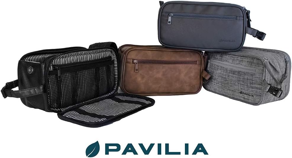 PAVILIA Toiletry Bag for Men, Travel Essentials Shaving Dopp Kit, Mens Travel Bag Toiletries Organizer Case for Grooming, PU Leather Water Resistant Cosmetic Bag Pouch (Dark Brown)