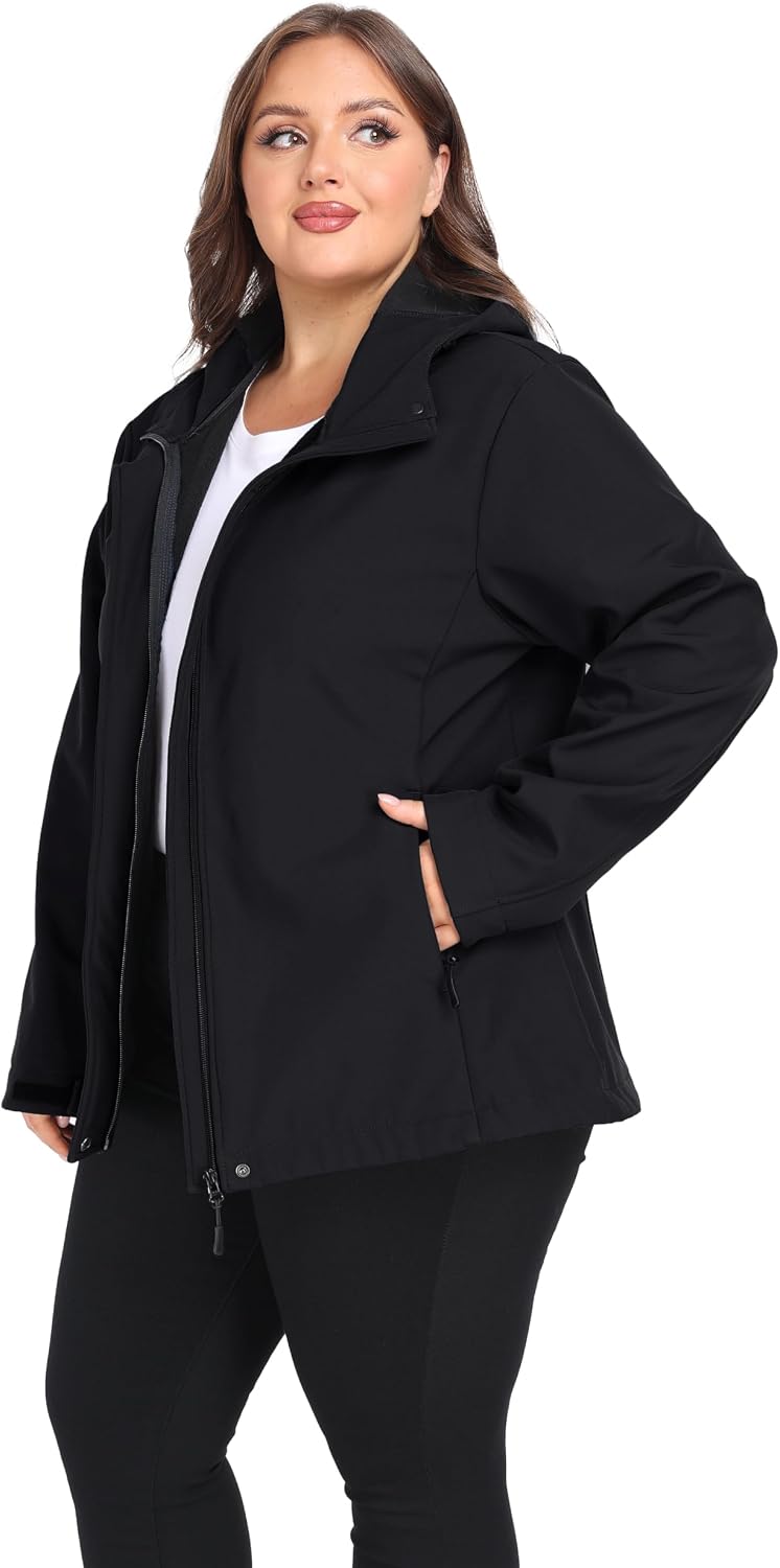 wantdo Women's Plus Size Softshell Jackets Hooded Fleece Lined Windbreaker
