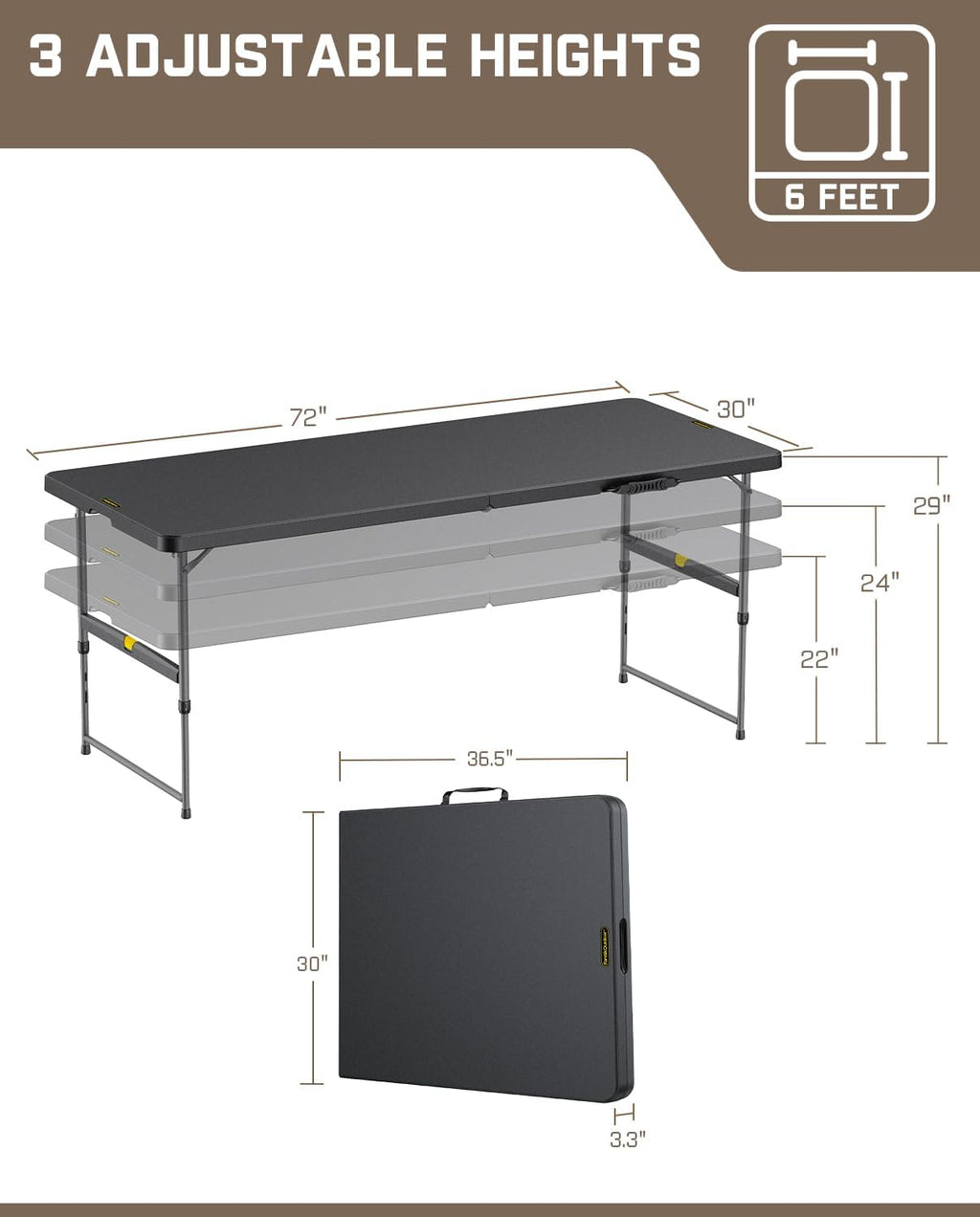 FanttikOutdoor Folding Table Plastic 6ft Quick Adjust 3-Height Picnic Party