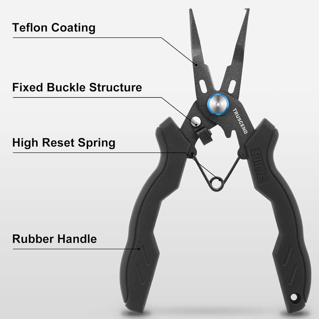TRUSCEND Easy Use Fishing Pliers with Line Cutter, Stainless Steel Fishing Tools, Muti-Function Hook Remover and Split Ring Plier Set, Spring-Loaded Jaws & Ergonomic Grip, Fishing Gear Gifts for Men