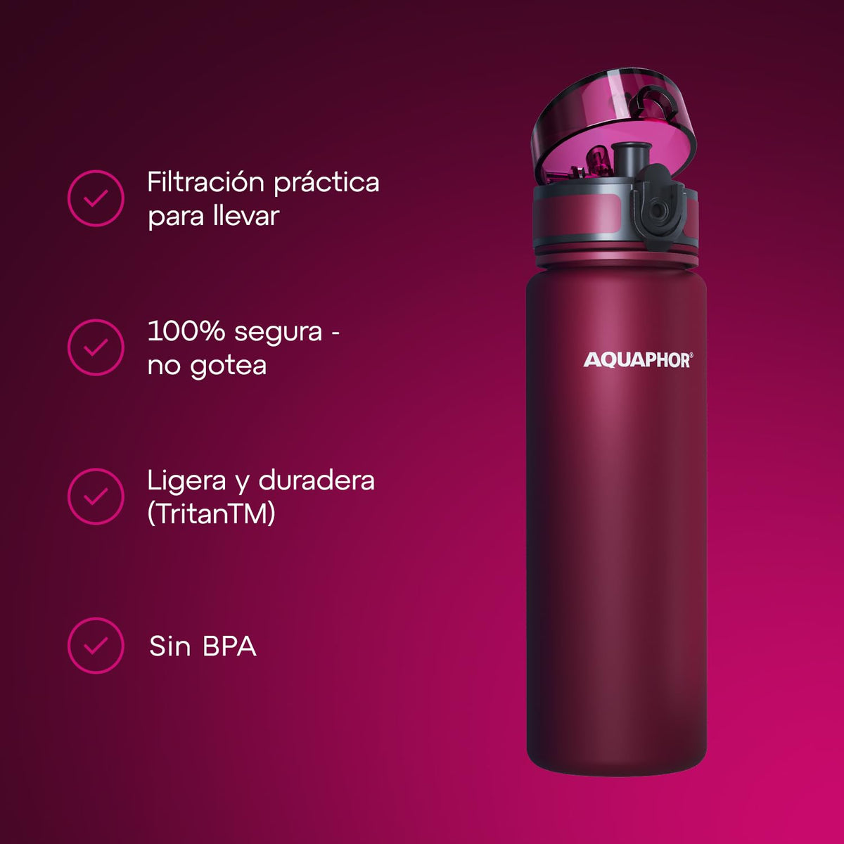 AQUAPHOR City Water Filter Bottle 17 oz | Reusable & Portable Filtered Water Bottle | BPA-Free | Perfect for Camping, Travel, Indoor & Outdoor Use | Ruby Red