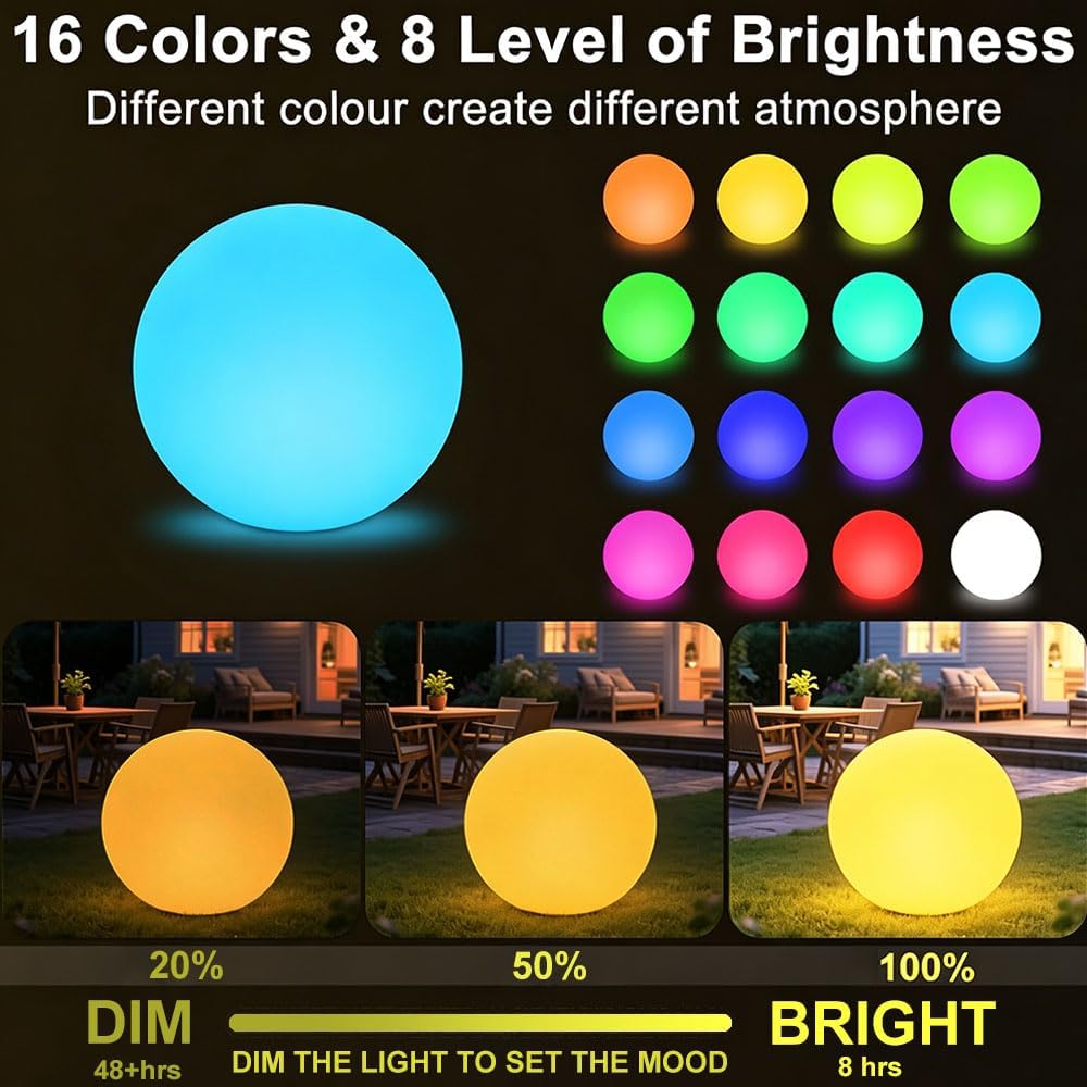 20-inch LED Glowing Ball Light, Large Rechargeable Globe Orb Light Outdoor