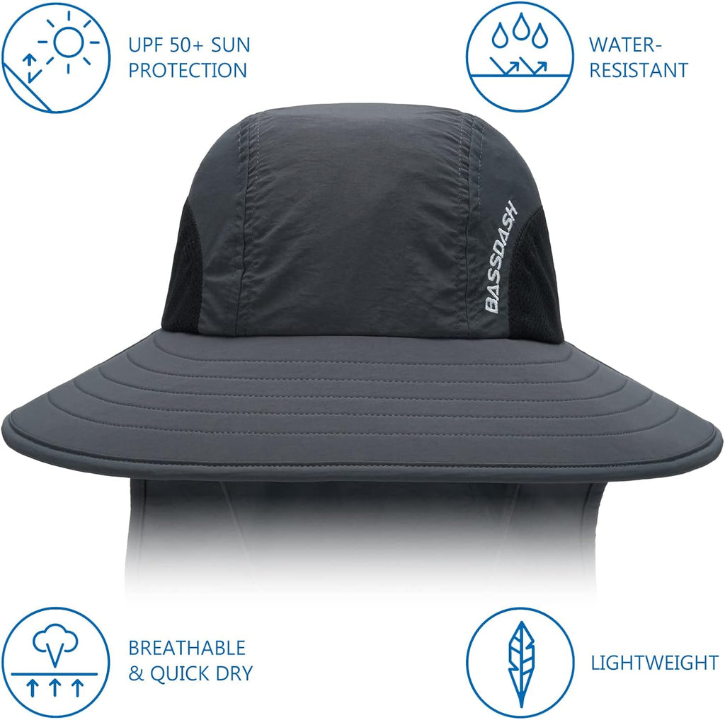 BASSDASH UPF 50+ Unisex Water Resistant Wide Brim Sun Hat with Large Neck Flap Ponytail Fishing Hat for Men Women