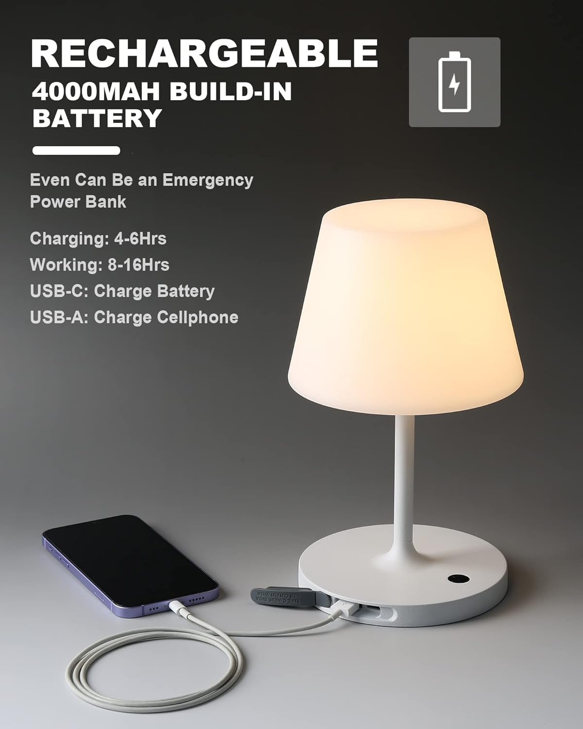 WEILAILUX Outdoor Battery Operated Table Lamp Waterproof, 4000mAh Cordless Table Lamp Rechargeable, Touch Dimmable Desk Lamp, LED Night Light for Patio Camping Restaurant Home, H9.6in, White