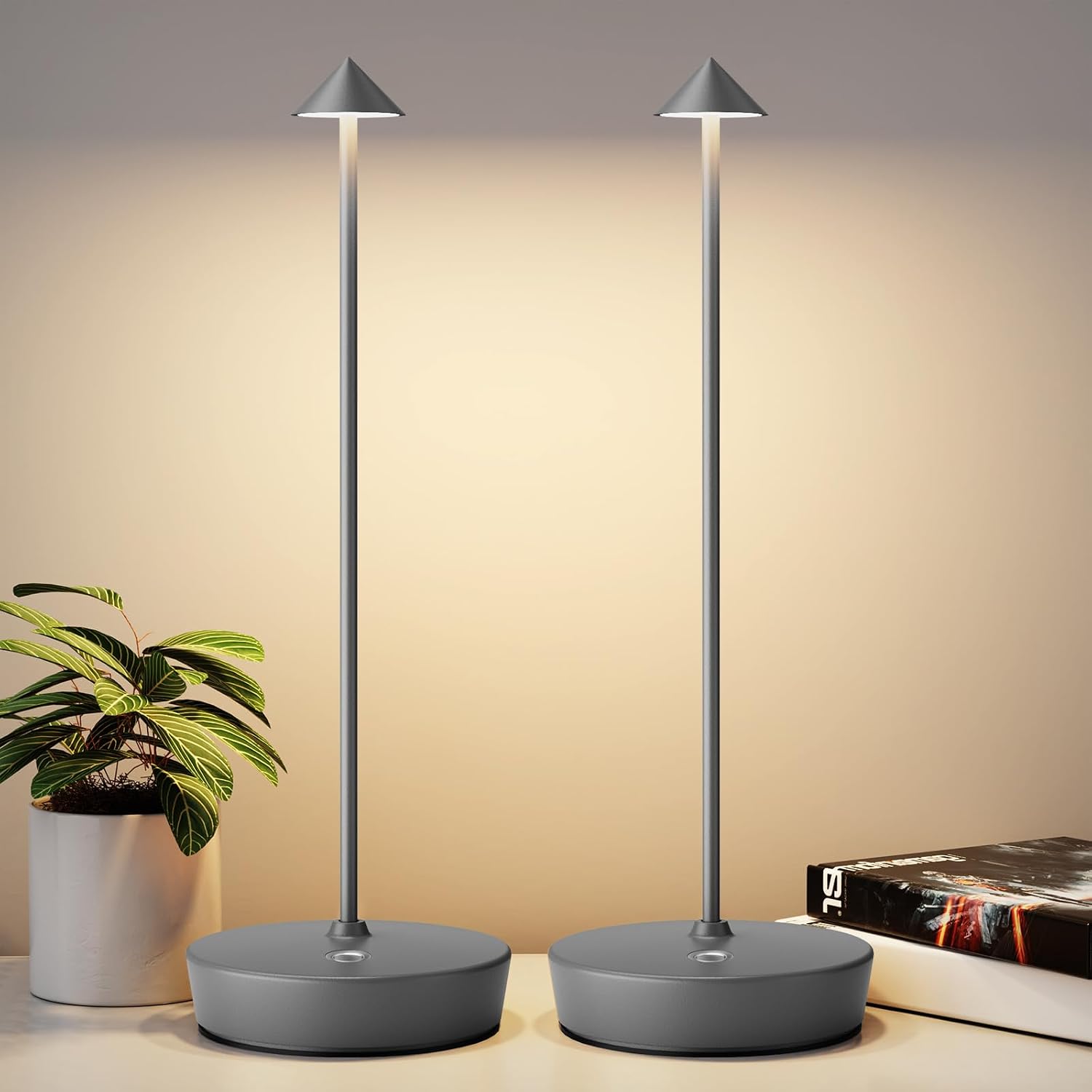 Rechargeable Cordless Table Lamp, Portable Powered LED Battery 6000mAh Metal USB Desk Lamp, 3 Levels Brightness Light for Restaurants Outdoor (Titanium)