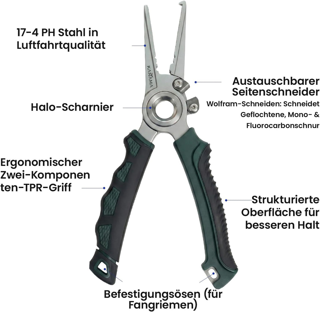 KANAMA 17-4 Stainless Steel Fishing Pliers, 7.5 Inch Rust Saltwater Fishing Pliers with Split Ring, Fish Hook Remover with Tungsten Carbide Braid Cutters, Non-Slip Handles Fishing Gifts for Men