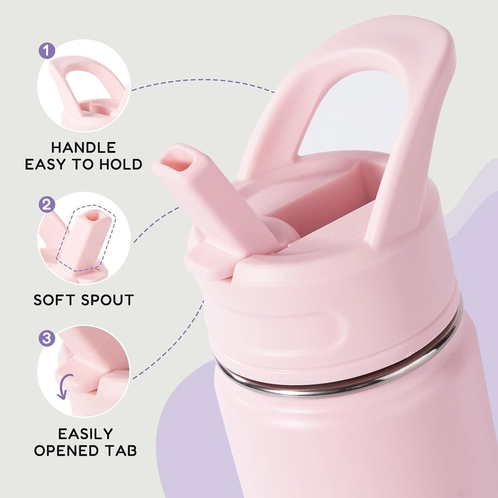 Fijinhom 12oz Water Bottle with Straws, Stainless Steel Vacuum Insulated Water Bottle Leak-Proof, BPA-Free, Purple + Pink