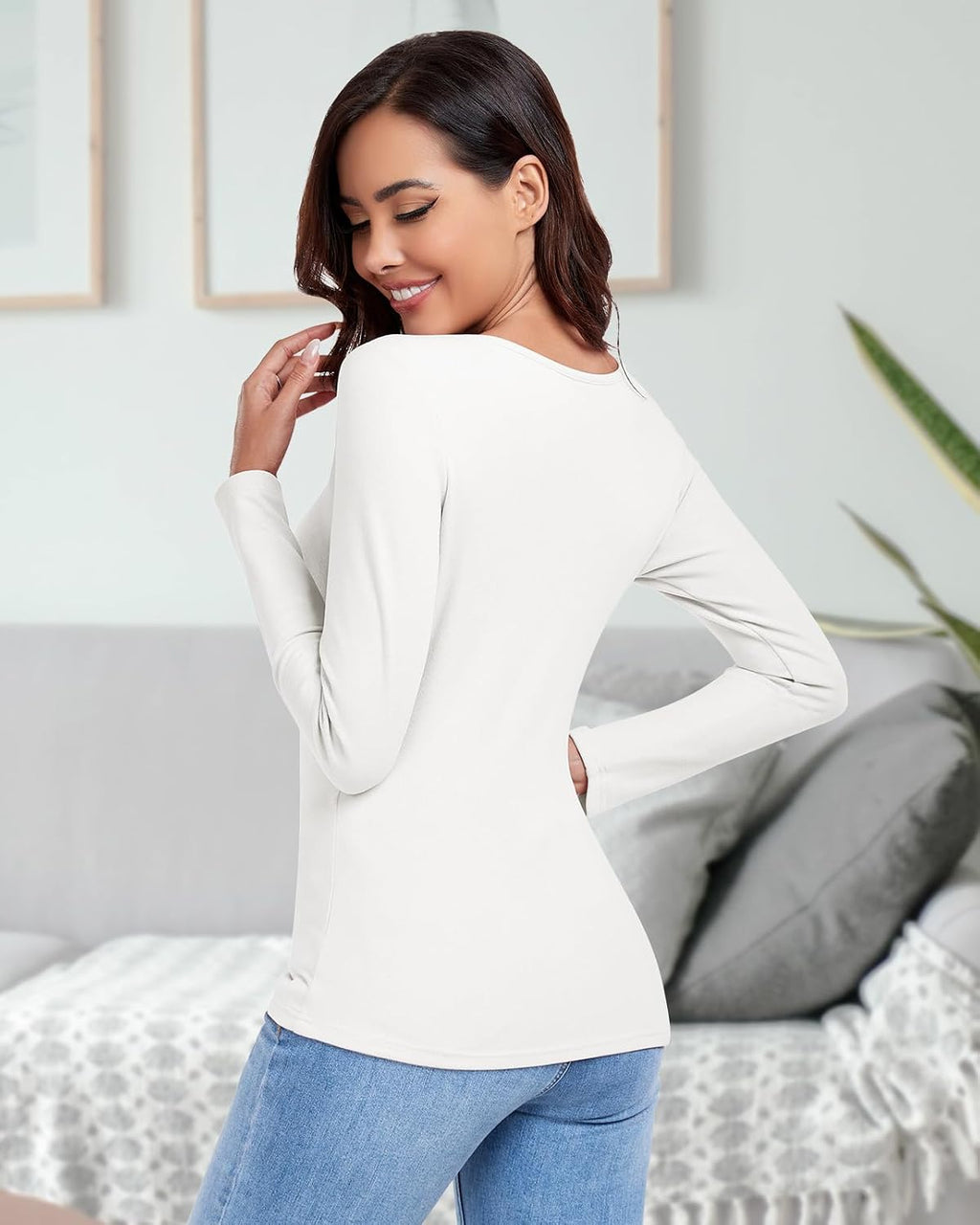 WOWENY Thermal Shirts for Women V Neck Fleece Lined Base Layer