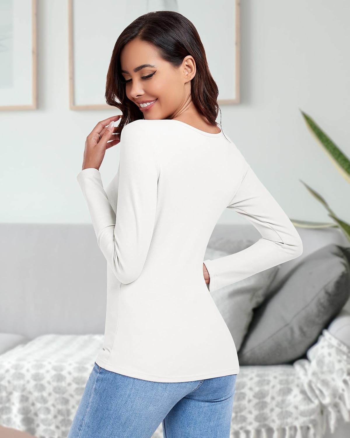 WOWENY Thermal Shirts for Women V Neck Fleece Lined Base Layer