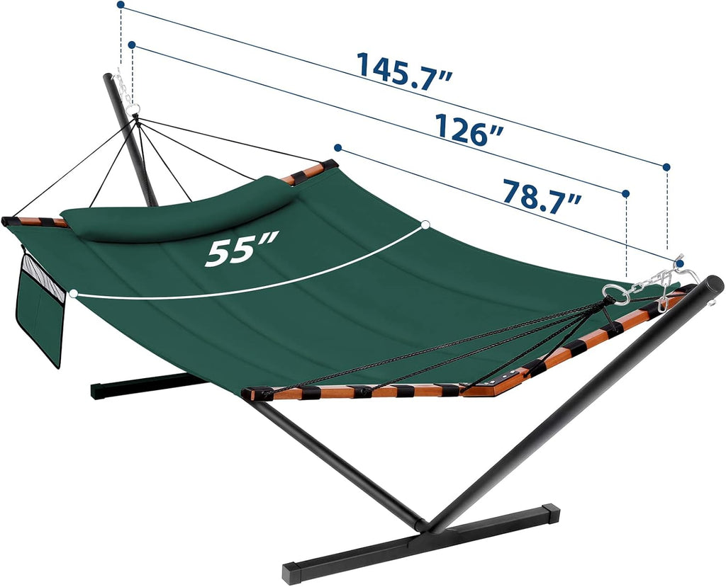 TegerDeger 12FT 2 Person Hammock with Stand V-Shape Spreader Bar-Dark Green