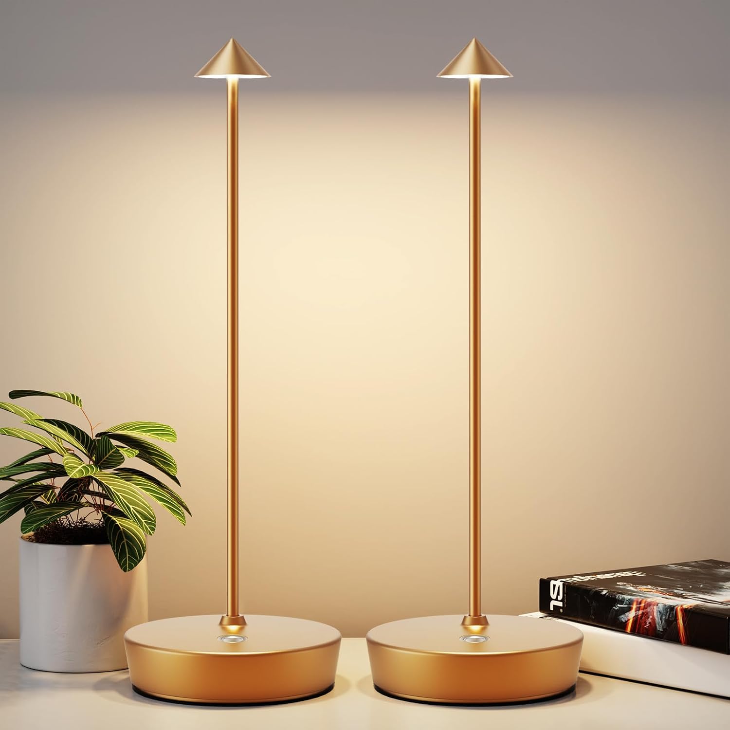 Rechargeable Cordless Table Lamp, Portable Powered LED Battery 6000mAh Metal USB Desk Lamp, 3 Levels Brightness Light for Restaurants Outdoor (Gold)