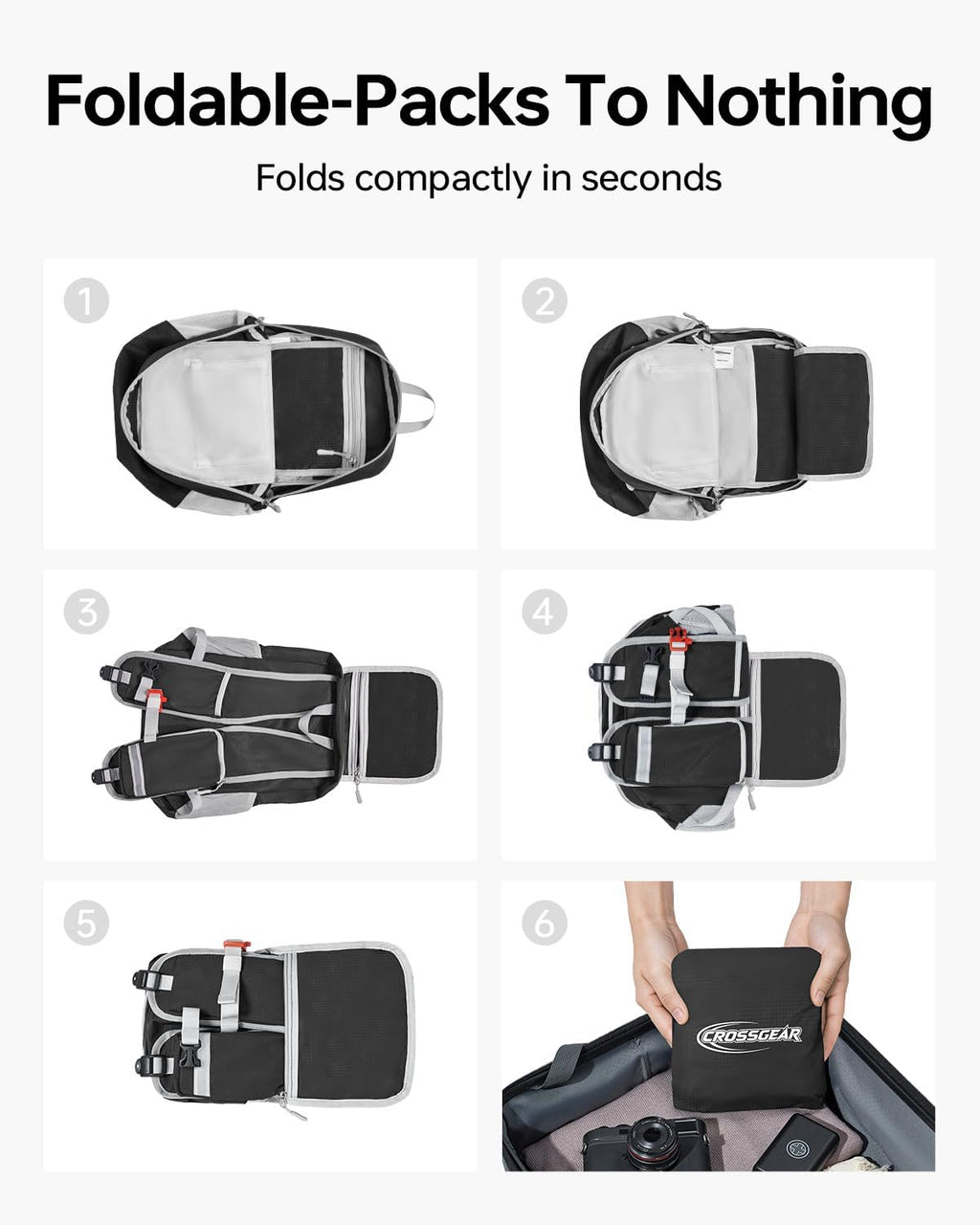 CROSSGEAR 24L Hiking Backpack, Lightweight Foldable Packable Daypack with RFID Pocket, Multi-Pocket, Nylon Small Travel Backpack, Water Resistant for Travel, Camping, Outdoor, Black