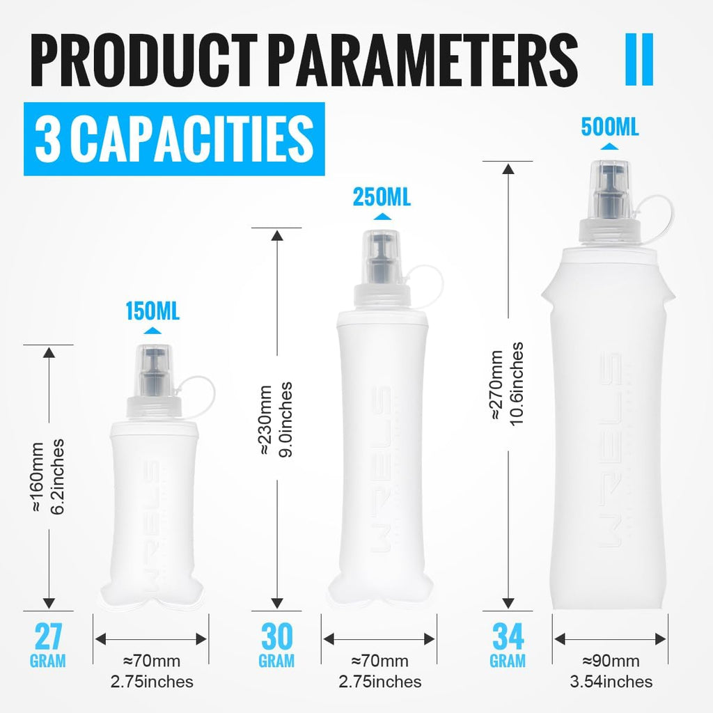 WRELS TPU Collapsible Soft Flask,Lightweight PBA Free Folding Running Water Bottles,Leakproof Durable Hydration Flask for Outdoors (500ml/16.9oz-2 Packs-White)