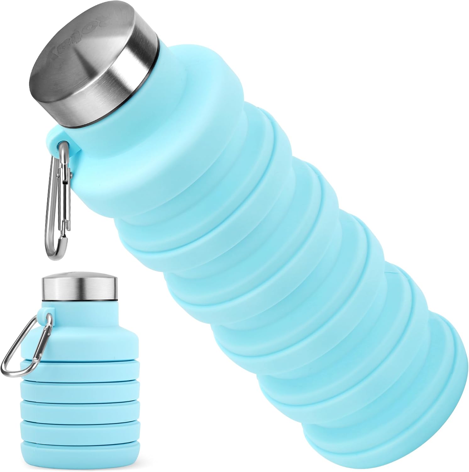 Collapsible Water Bottle, 16oz Portable Reusable Silicone Water Bottle with Carabiner for Gym, Travel, Camping, Hiking, Sports, Lightweight, BPA-Free, Leak-Proof, Foldable Design, Light Blue