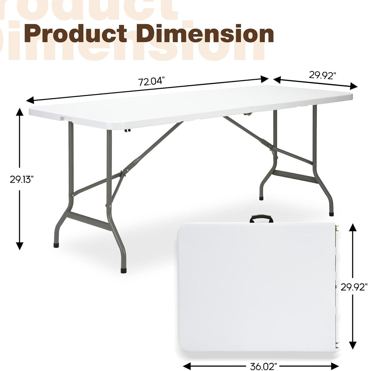 Folding Table 6ft, Heavy-Duty 500lbs Weight Capacity Foldable Table with HDPE Top & Steel Legs, Portable 6 Foot Picnic Table for Indoor Outdoor Parties, Camping, Event (White, 6 FT)