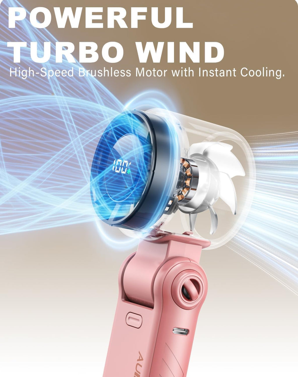 Portable Handheld Turbo Fan - 5 Speed Mini Personal Fan with Strong Airflow, Foldable 3 in 1 Rechargeable Battery Operated Trave Essentials Hand Fans for Indoor/Outdoor Use, Pink