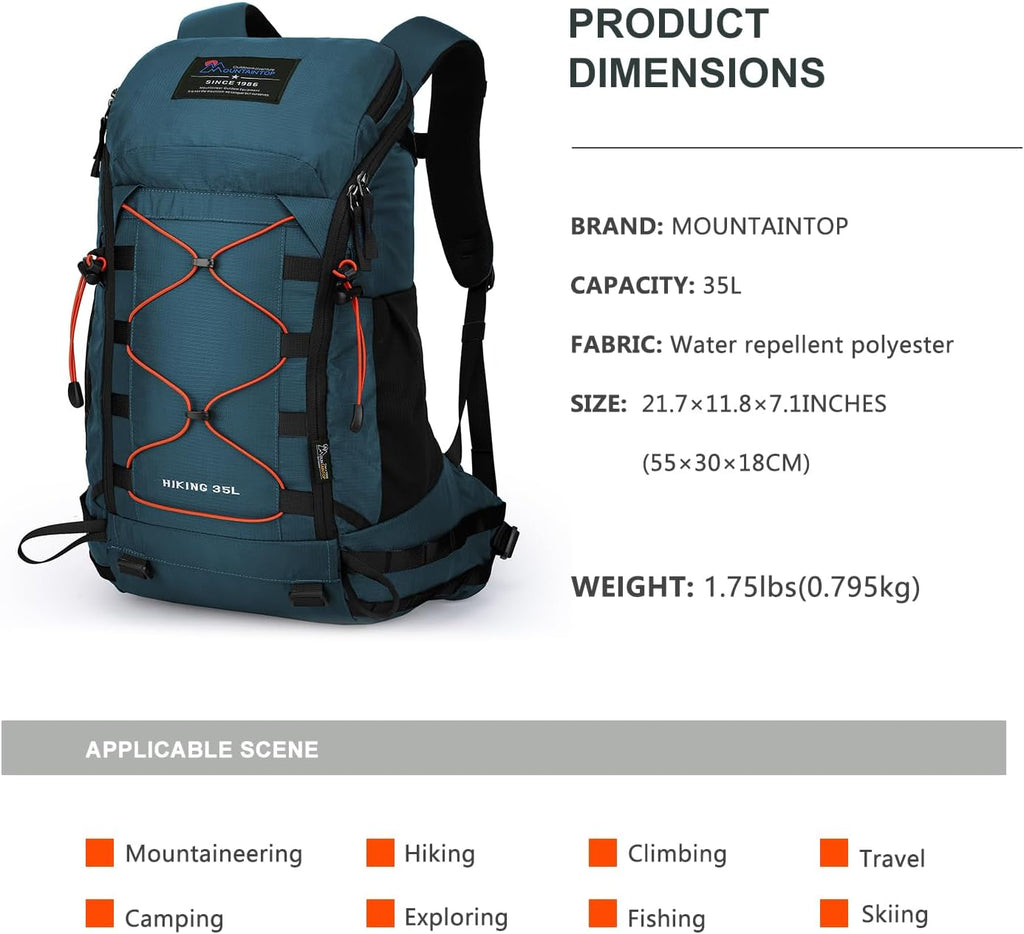 MOUNTAINTOP 35L Hiking Backpack, Lightweight Daypack with Rain Cover