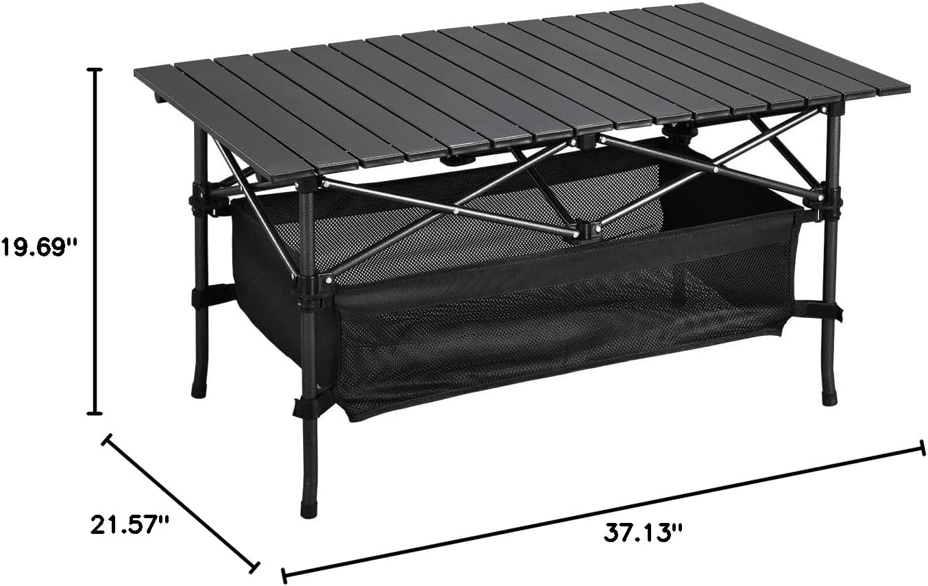 WUROMISE Lightweight Aluminum Folding Camping Table (37.13” x 21.57” x 19.69”), Portable Roll-Up Design for Outdoor, Camping, Beach, BBQ, Patio, and Picnic, Durable & Waterproof with Carrying Bag