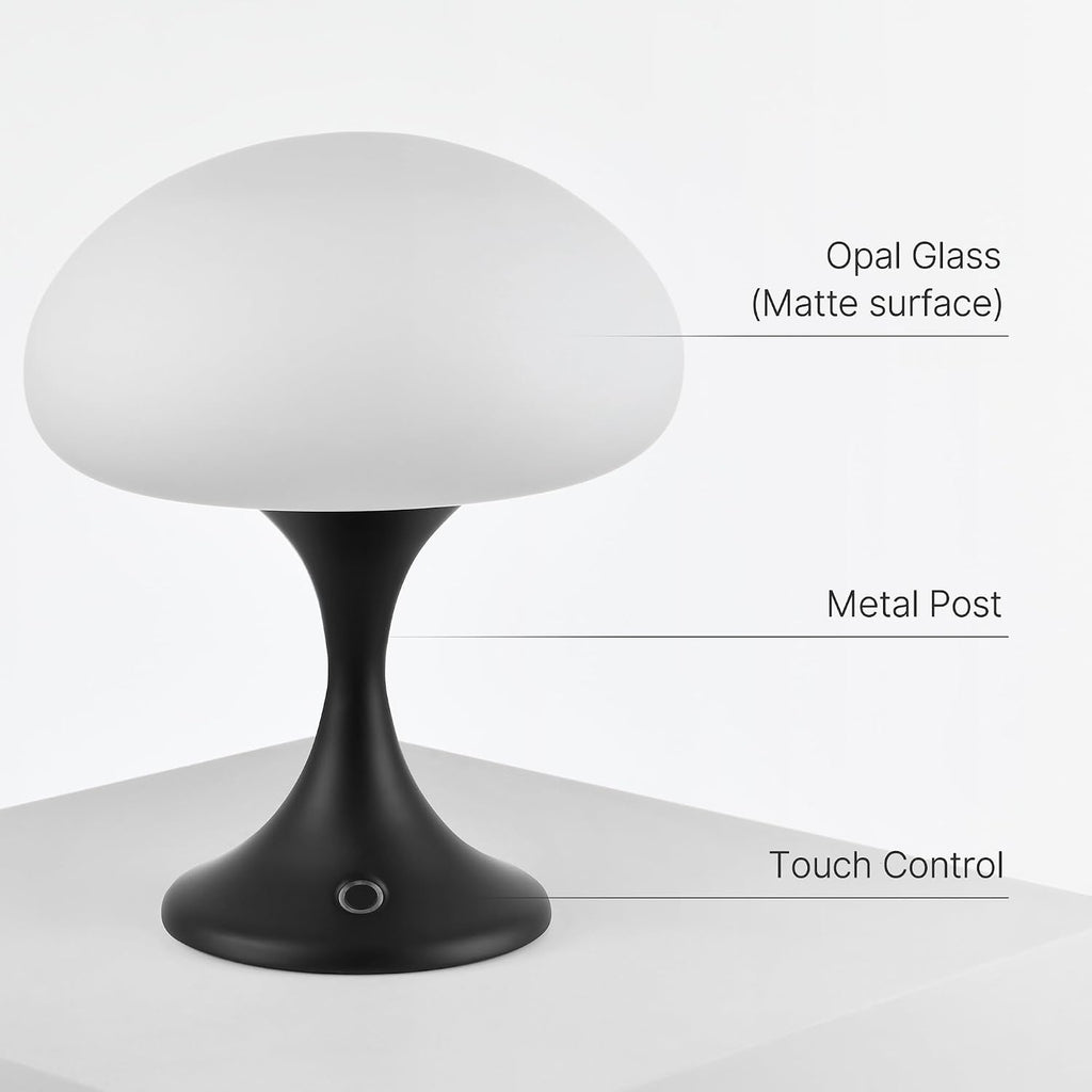 MAGCHARM Mushroom Lamp, 5W LED Cordless Rechargeable Table Lamp with Glass Shade, Small Retro Dimmable Touch Light with 3 Color Temps, Aesthetic Mid Century Bedside Light for Bedroom Ambient, Black