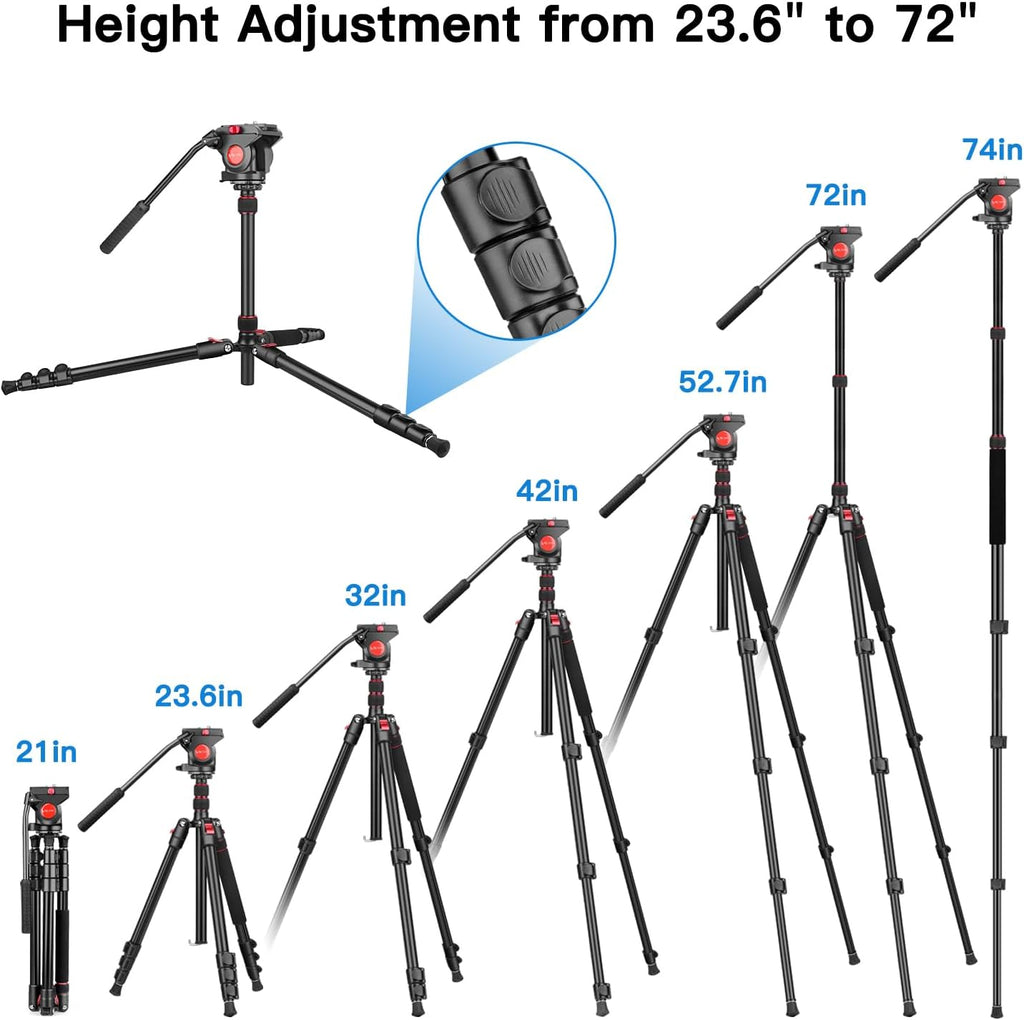 Victiv Video Tripod, 72" Heavy Duty Fluid Head Camera Tripod with Carry Bag