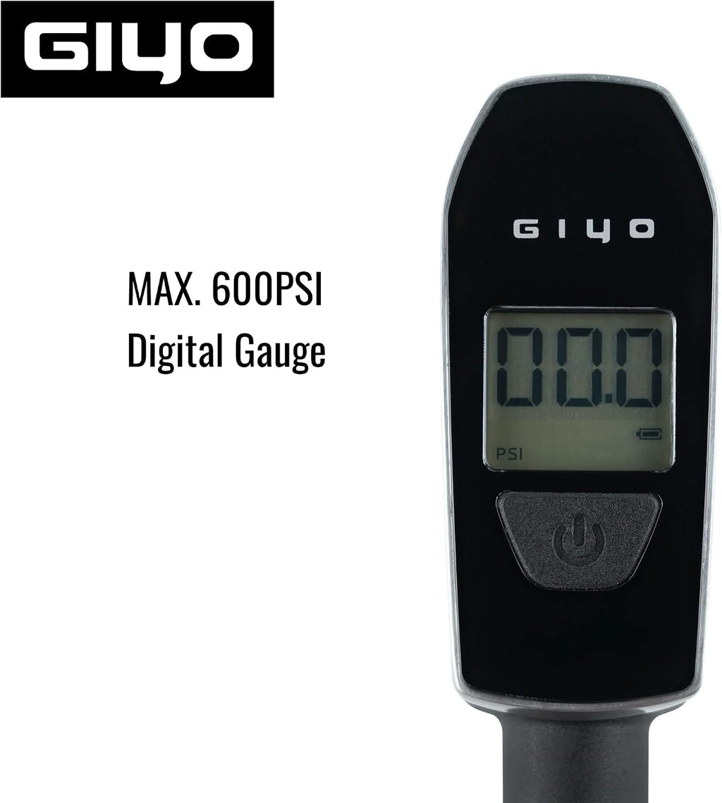 GIYO Digital Shock Pump 600 PSI – Turbo-Assist for Easy Inflation, Micro Air-Bleeder, Robust Aluminum Barrel, Comfort Grip & Braided Hose, Ideal for Fork & Rear Suspension GS-52L