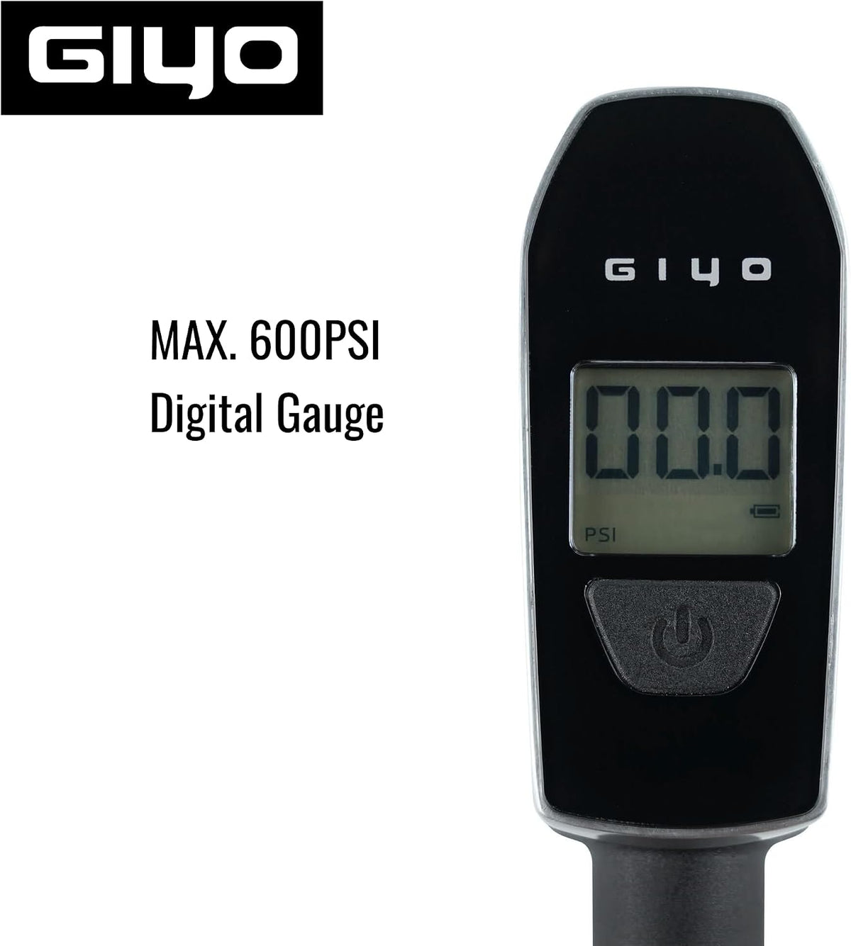 GIYO Digital Shock Pump 600 PSI – Turbo-Assist for Easy Inflation, Micro Air-Bleeder, Robust Aluminum Barrel, Comfort Grip & Braided Hose, Ideal for Fork & Rear Suspension GS-52L