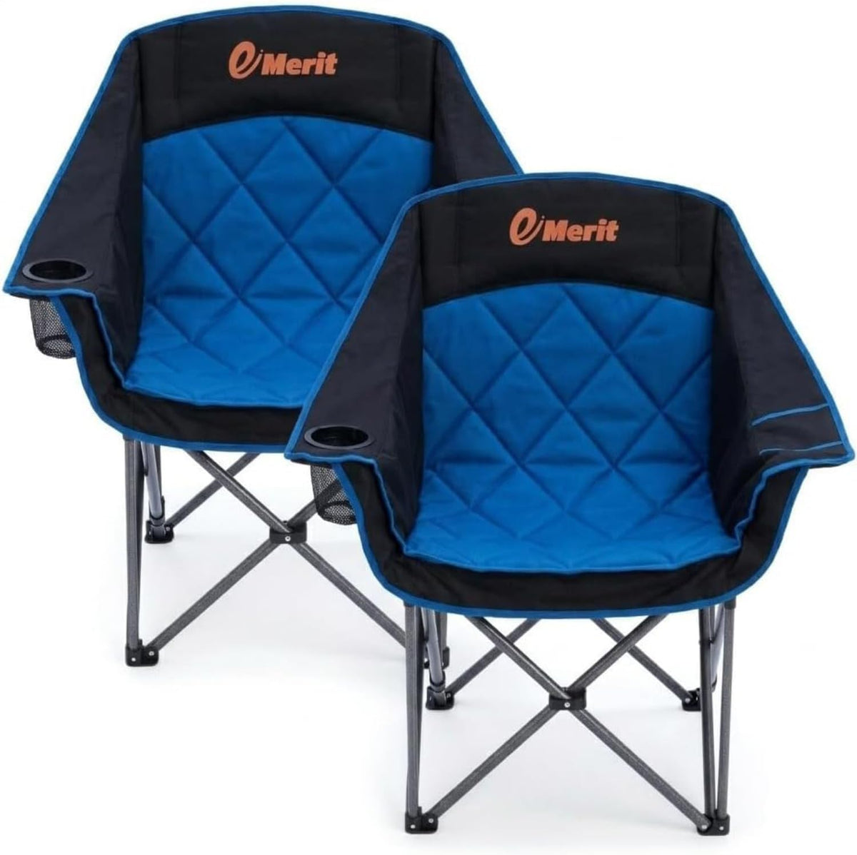 EMERIT 2 Pack Oversized Padded Camping Chair for Big Tall Adults, 500 LBS Heavy Duty Foldable Quad Lawn Chair, 19.68" High Seat, 4-Layer Cushion, Cup Holder, Camping Tailgating Backyard Patio, Blue