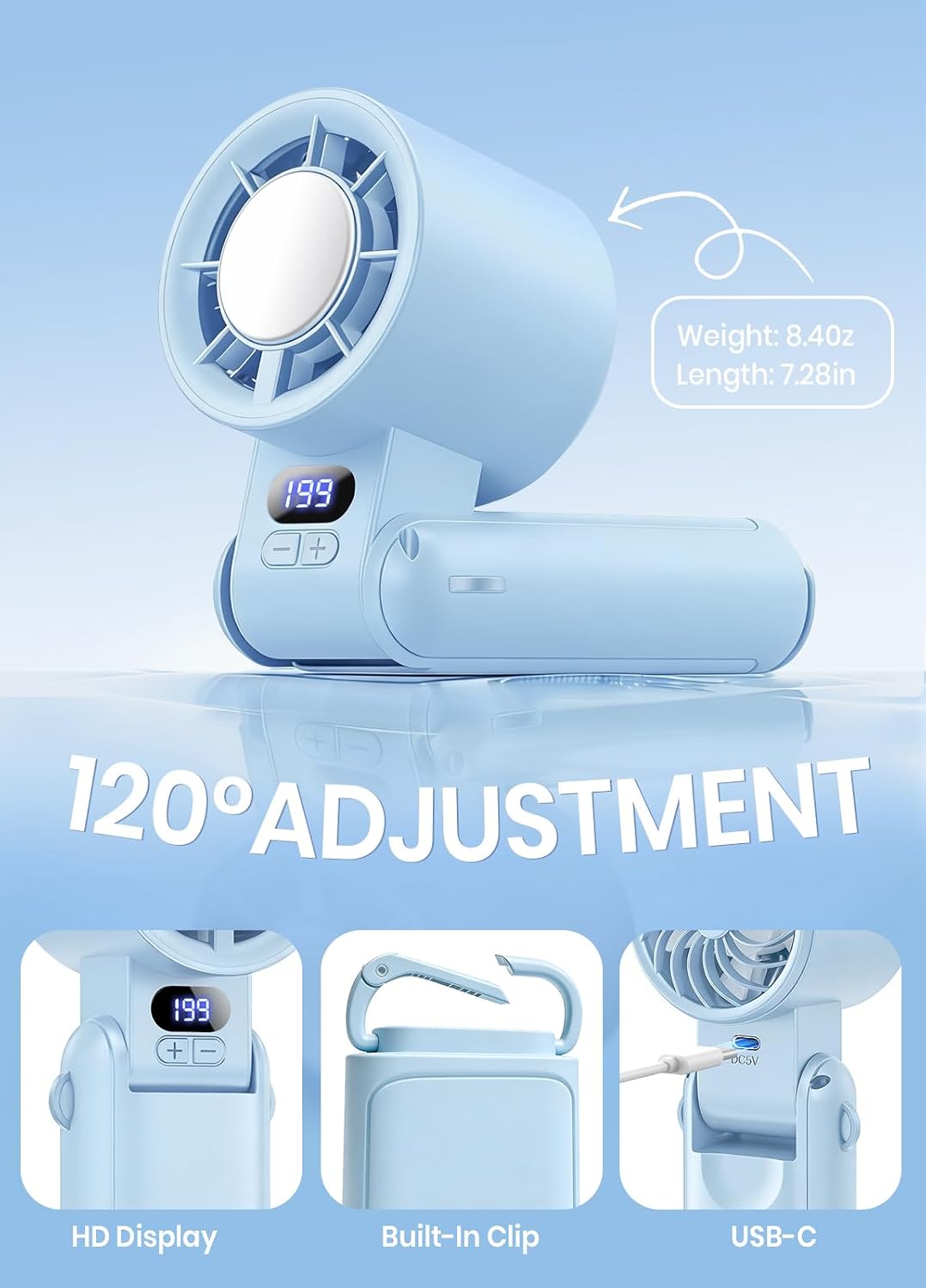 Portable Handheld Turbo Fan, 1-199 Speed Adjustable, Blue