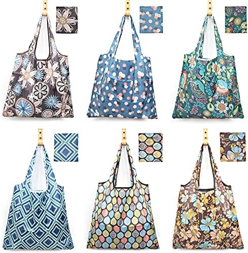 6 Pcs Reusable Grocery Bags Xlarge 50LBS Foldable Grocery Shopping Bags Washable Beach Bag Ripstop Nylon Tote Bags