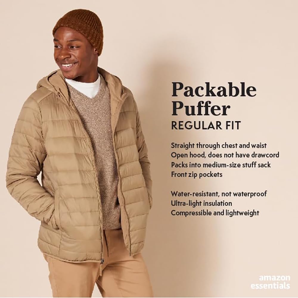 Amazon Essentials Men's Lightweight Water-Resistant Packable Hooded Puffer Jacket