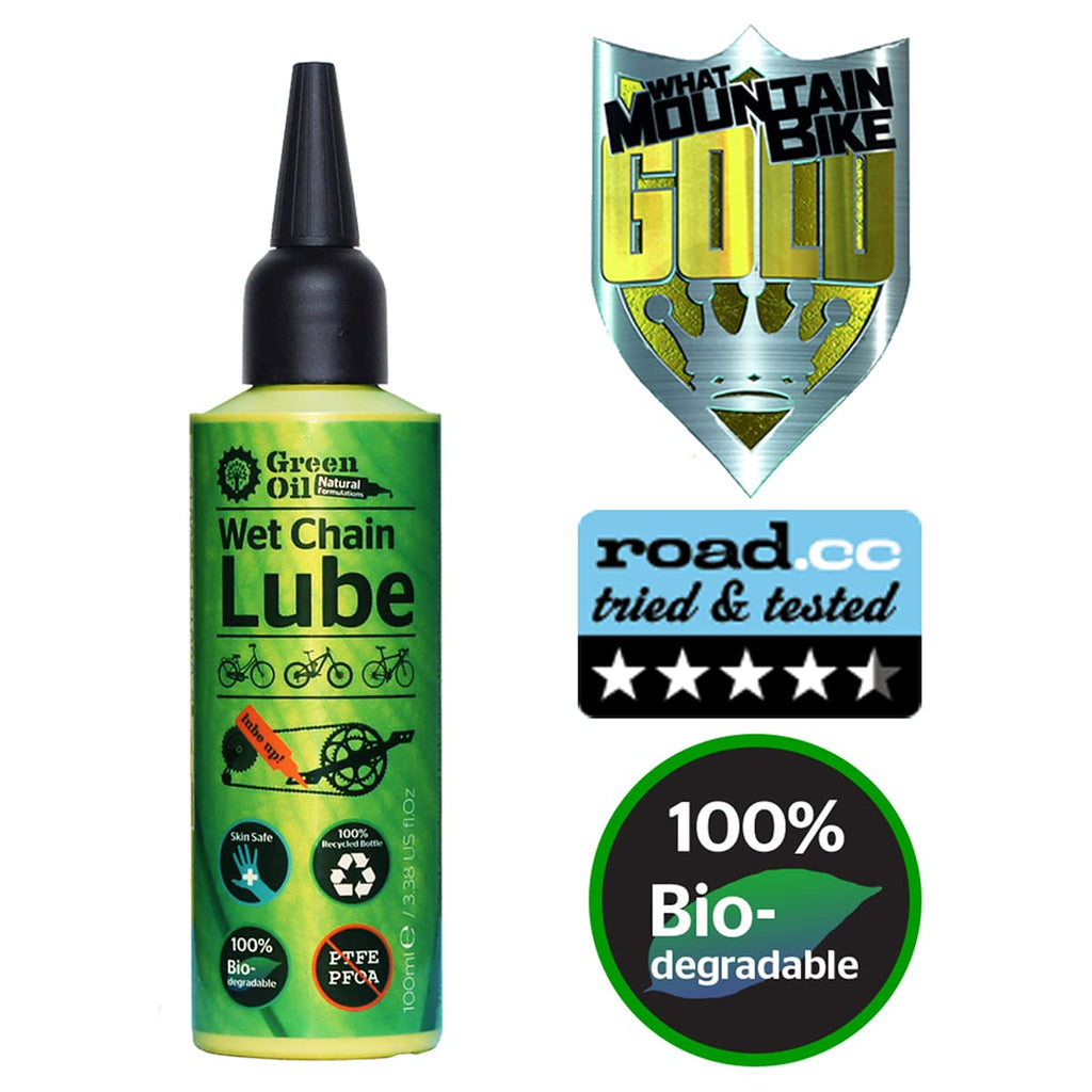 GREEN OIL - Wet Chain Lube for Road & Mountain Bikes | Long Lasting, Anti Rust Protection for All Bikes | Smooth Rides in All Weather | Non Toxic & Natural, Award Winning Formula from UK 100ml, 1 Pack